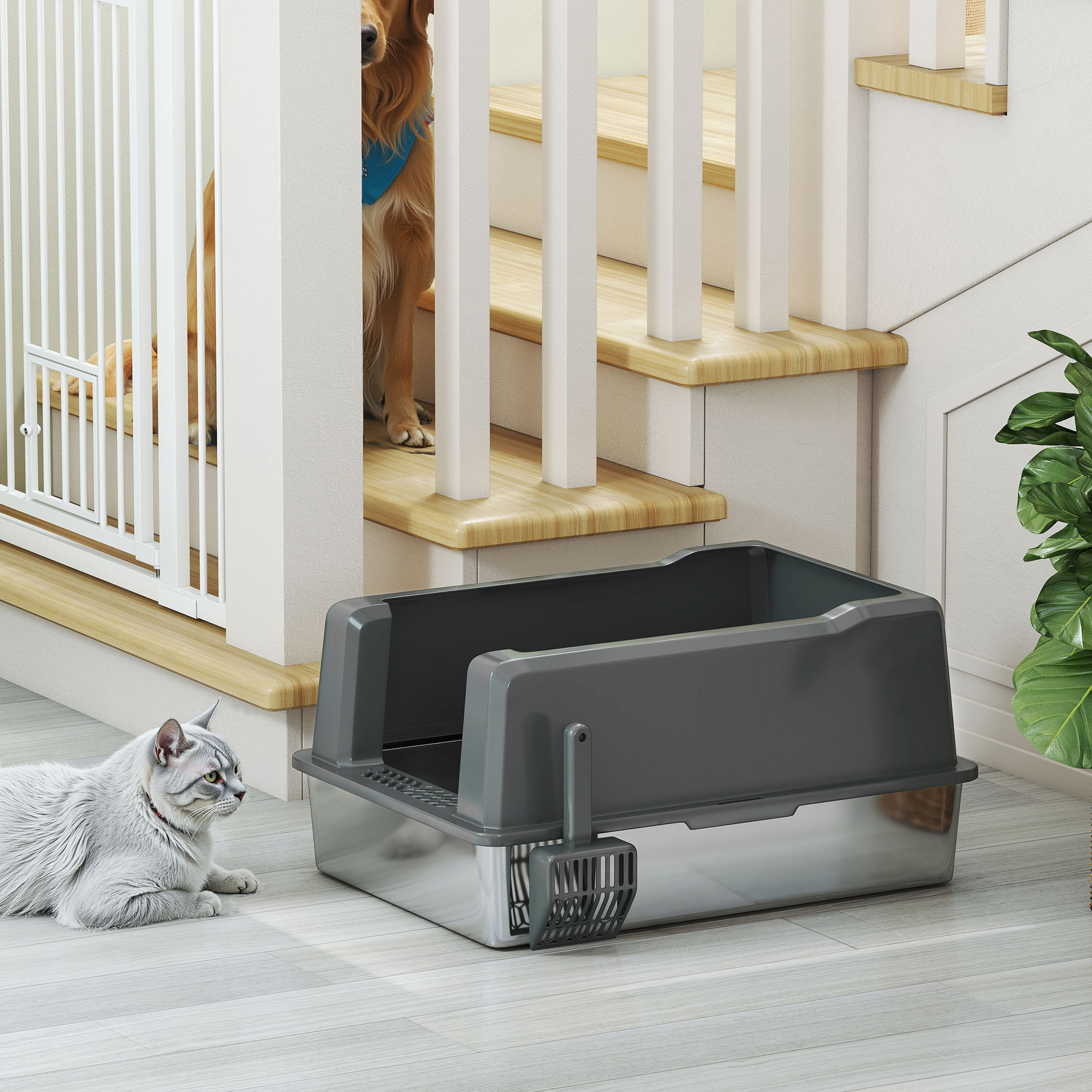 Maison de toilette XXL 85L design - bac à litière grande taille 71 x 50 x 35 cm - acier inox ABS gris