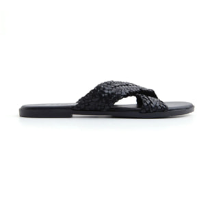 Ciabatta Flat "Woven Cross" in Vera Pelle - NERO