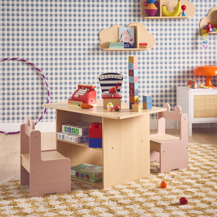 Table enfant + 2 chaises. avec étagères. rose