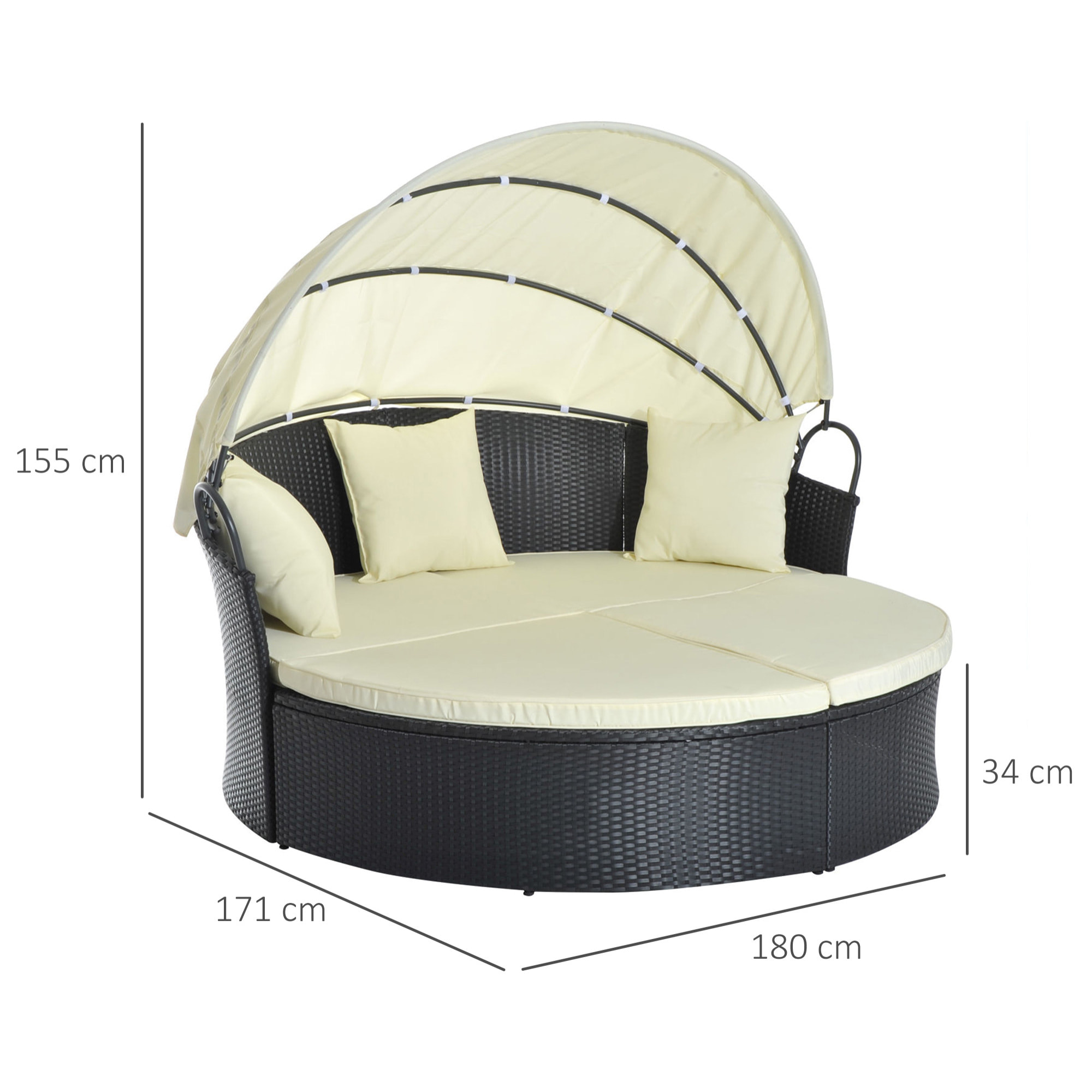 Lit canapé de jardin modulable avec coussins résine noir beige