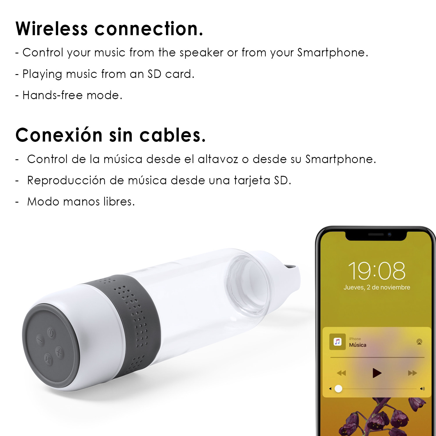 Borraccia con Altoparlante Padow, 500ml, funzione vivavoce e lettore di micro SD