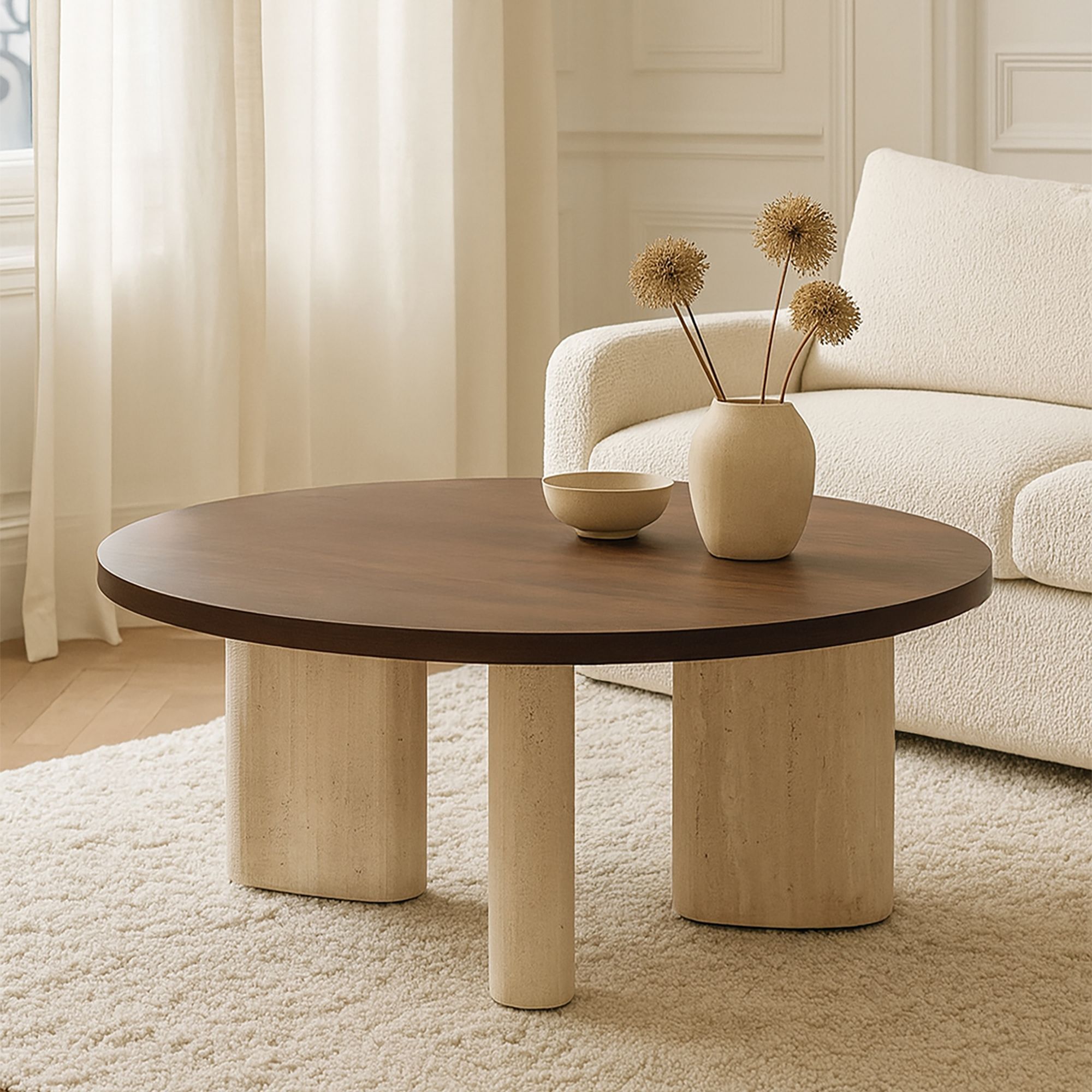 Table basse ronde avec plateau foncé 80cm en effet travertin et noyer AMBER
