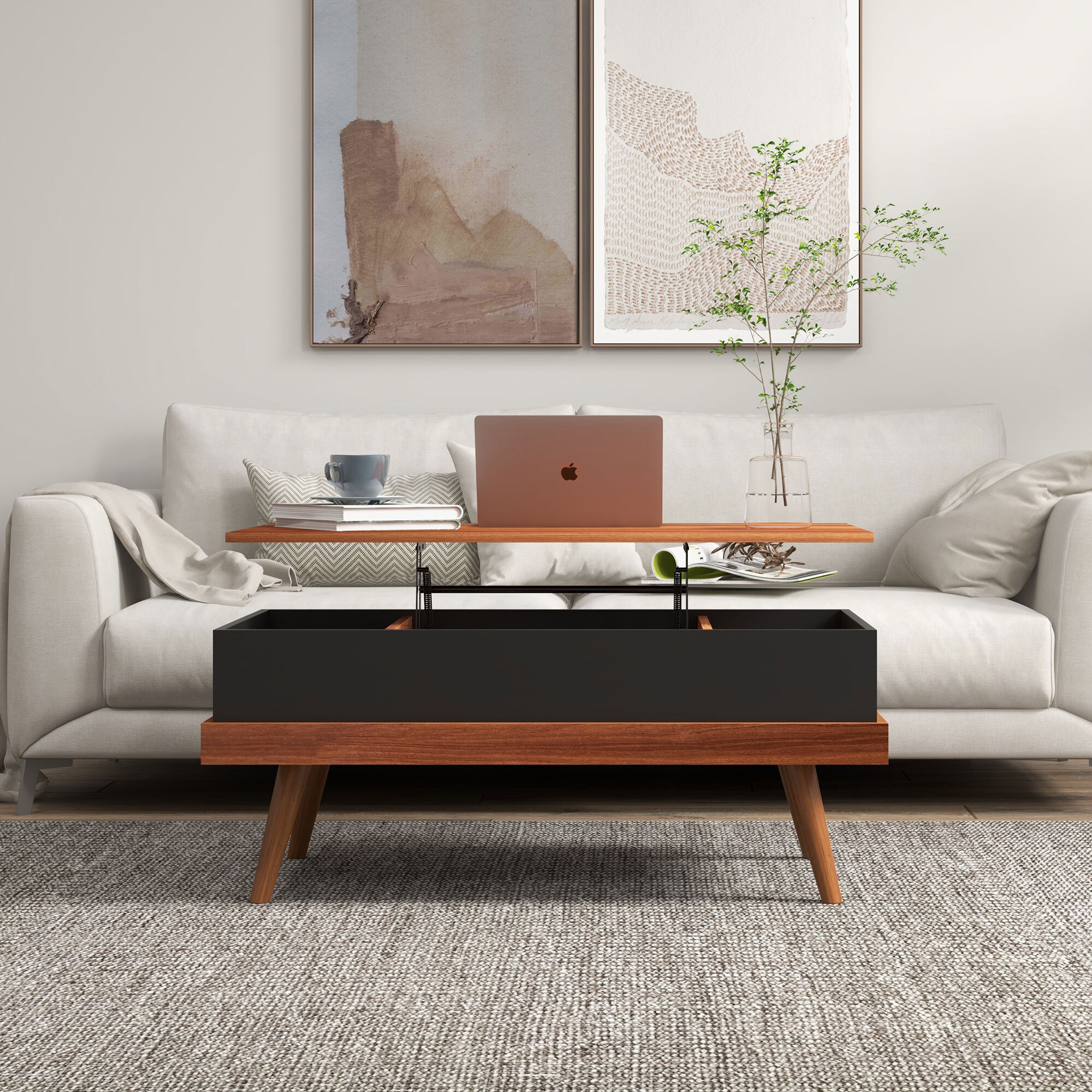 Mesa de Centro Elevable Mesita de Salón con 3 Compartimientos de Almacenaje Ocultos y Patas de Madera para Oficina Dormitorio 100x79x54 cm Marrón y Negro