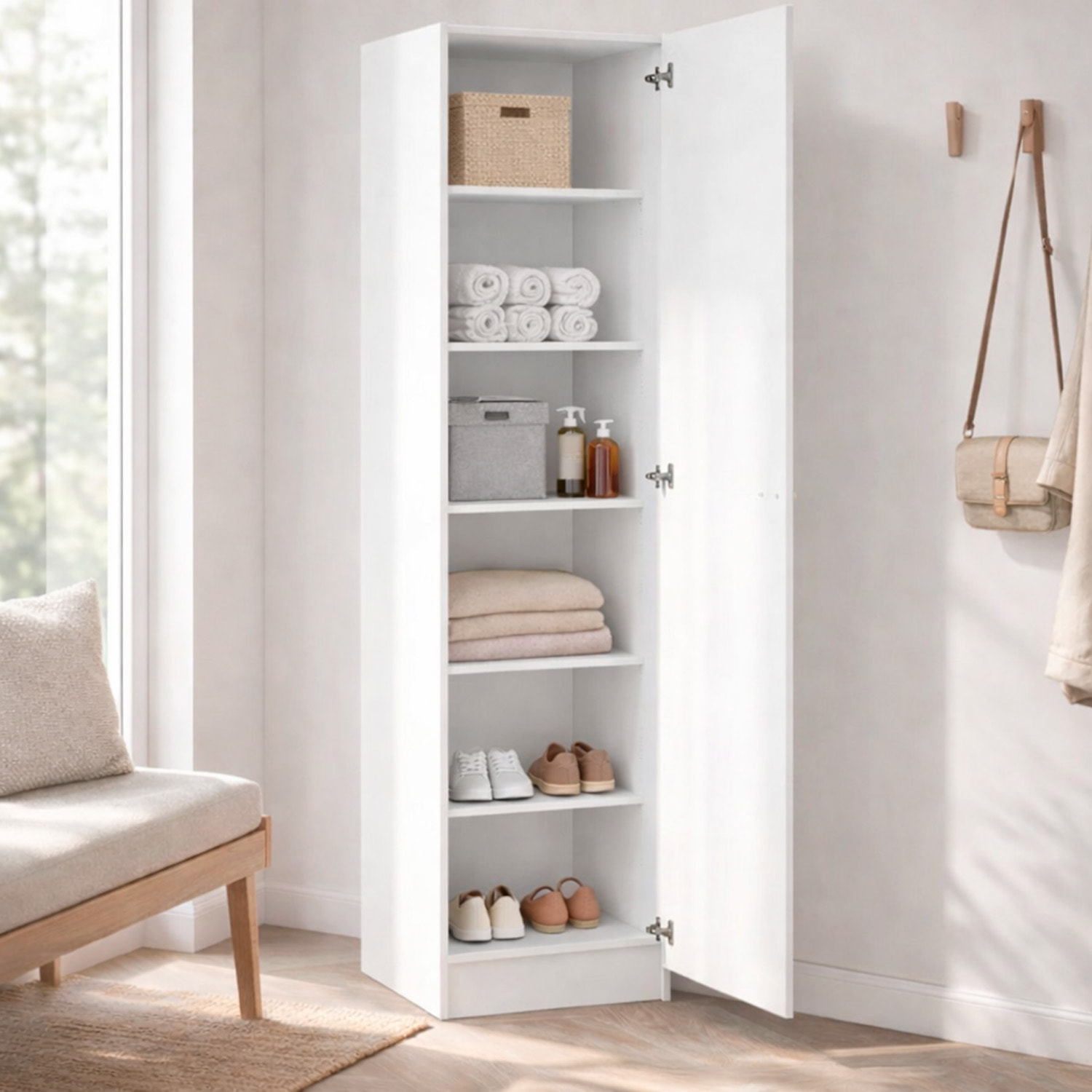 Colonna Armadio Bagno 1 Anta Salvaspazio 4 Ripiani Regolabili Mobile Alto Ingresso Corridoio Moderno Maniglia Argentata 200 x 47.05 x 49.2 cm Bianco