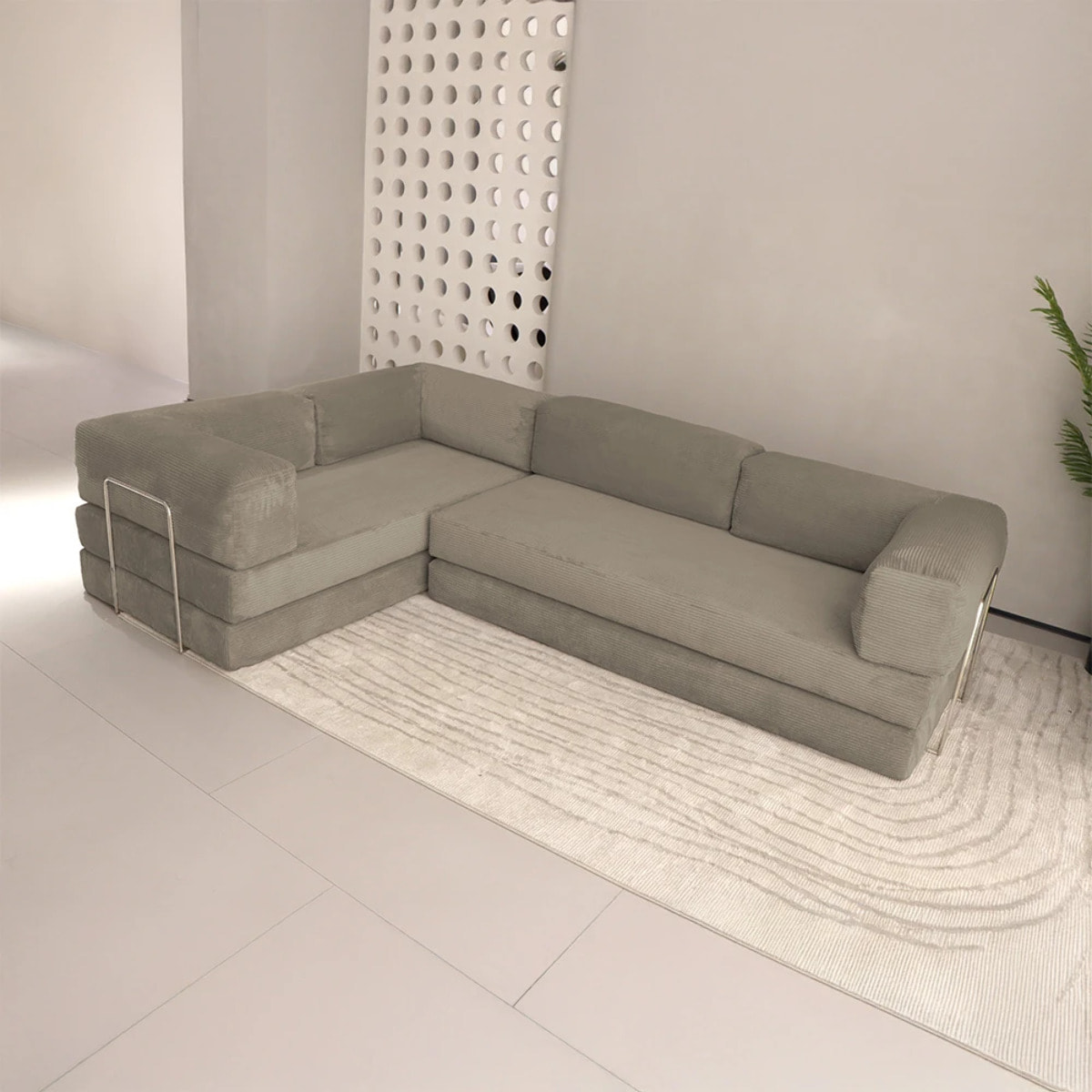 TRENDY - Canapé compressé 5 places angle modulable en velours côtelé taupe