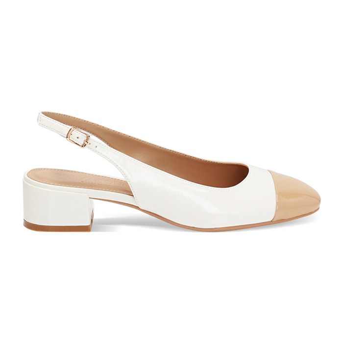 Décolleté slingback donna bianche-camel basse in vernice, tacco 4 cm