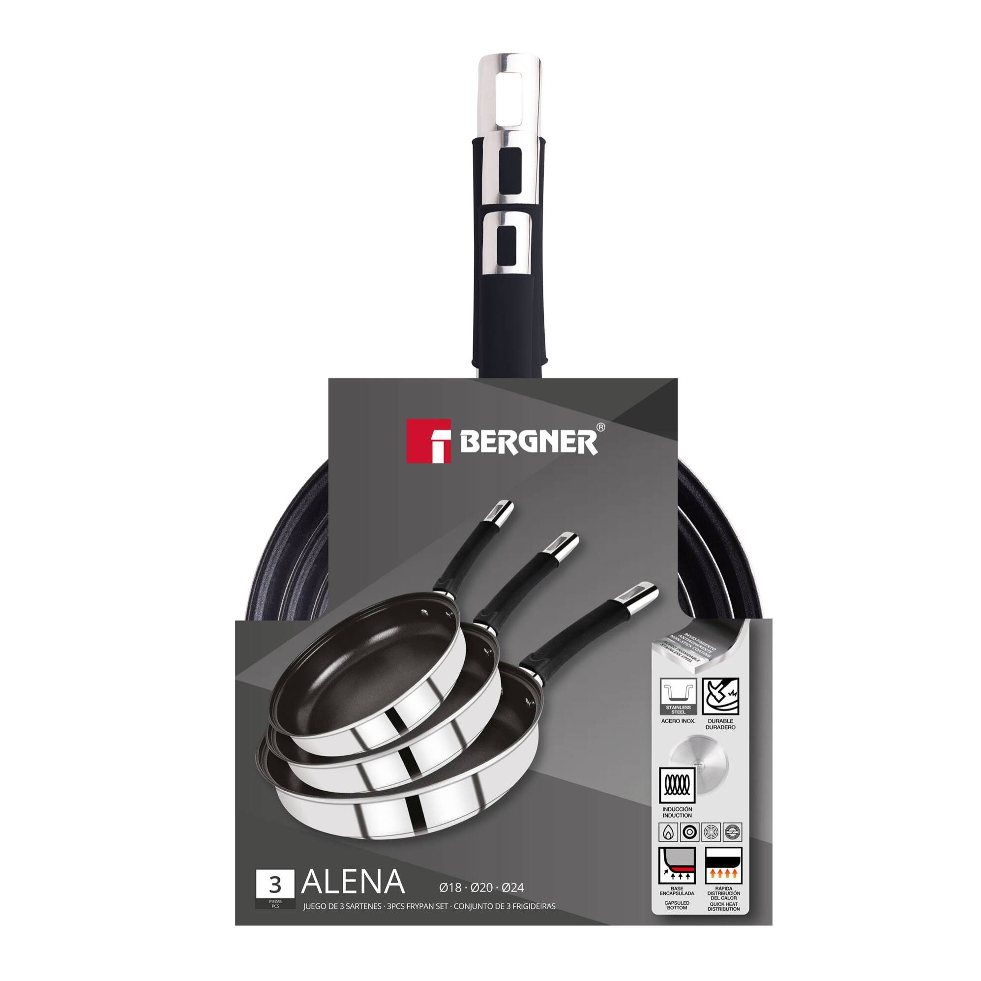 Juego de 3 Sartenes Ø18Ø20Ø24cm en acero inoxidable y mangos de silicona