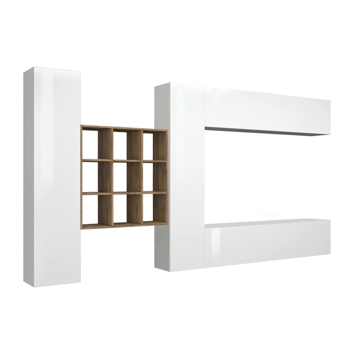 Parete attrezzata Agira, Set salotto porta TV a 4 ante, Mobile soggiorno multiuso, 100% Made in Italy, cm 350x30h180, Bianco lucido