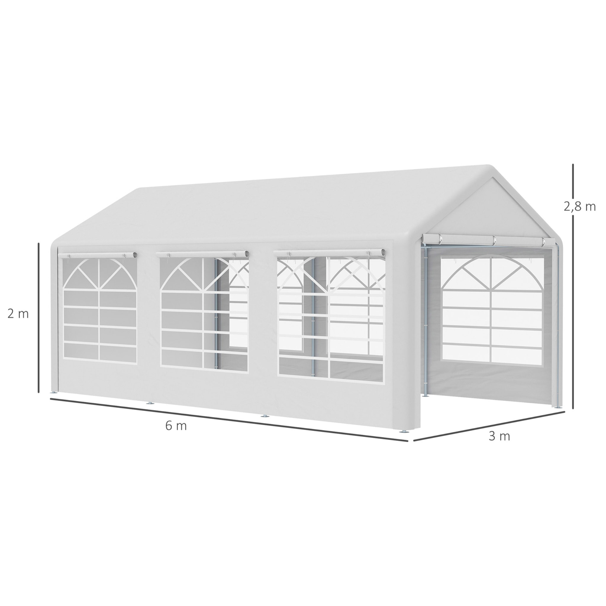 Carpa para Fiestas 6x3 m Cenador Pabellón de Jardín con 4 Paneles Laterales 2 Puertas Enrollables y 6 Ventanas Protección UV para Exterior Eventos Bodas Blanco