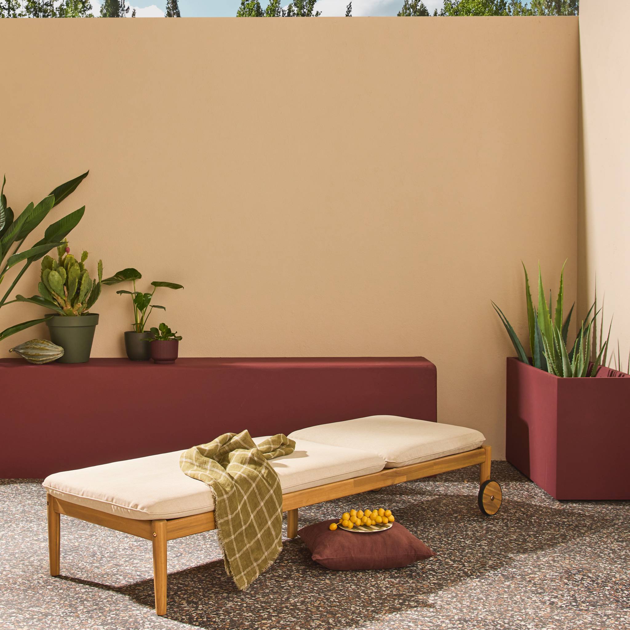 Bain de soleil bois d'acacia multi positions avec roulettes SOLA