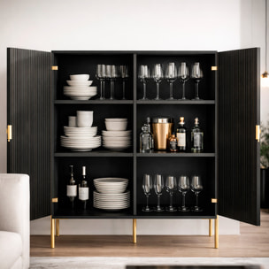 Credenza Mobile Contenitore 2 Ante Cannettate E Piedini Oro Madia Moderna con Ripiani Interni E Chiusura Soft Close 103.6 x 124 x 39.6 Cm Nero