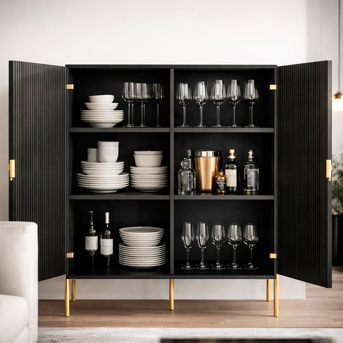 Credenza Mobile Contenitore 2 Ante Cannettate E Piedini Oro Madia Moderna con Ripiani Interni E Chiusura Soft Close 103.6 x 124 x 39.6 Cm Nero