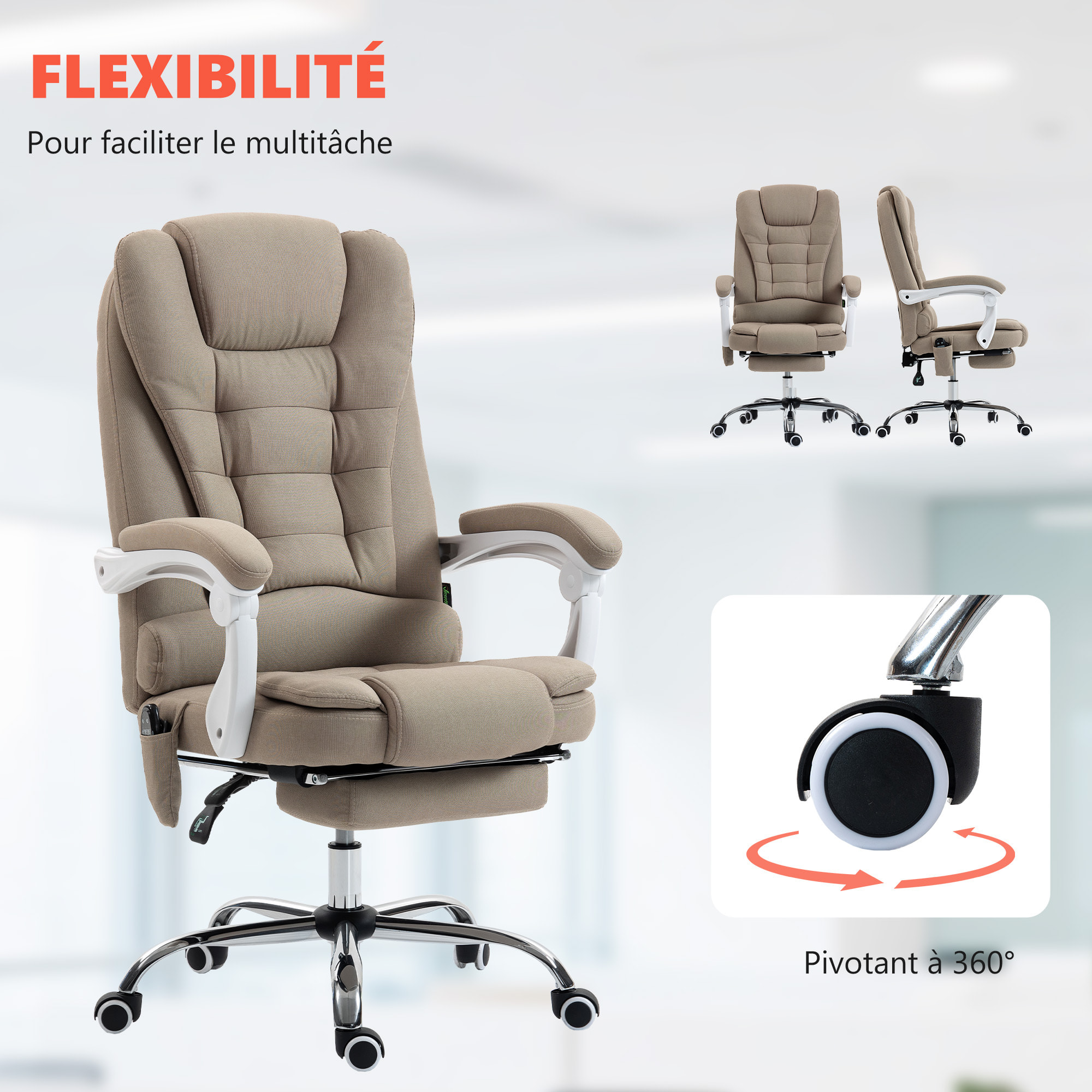 Fauteuil de bureau direction massant chauffant hauteur réglable dossier inclinable tissu beige