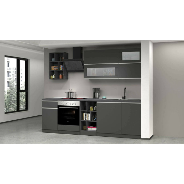 Cucina completa Fonti, Set con dispensa, Mobile per cucinotto, Kit blocco lineare, 100% Made in Italy, 255x60h85 cm, Antracite e Ardesia