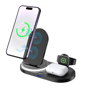 Base di ricarica wireless pieghevole 3 in 1. Base Qi da 15 W a doppia posizione, caricabatterie per Apple Watch e base Qi. Con luce notturna. Funzione supporto.