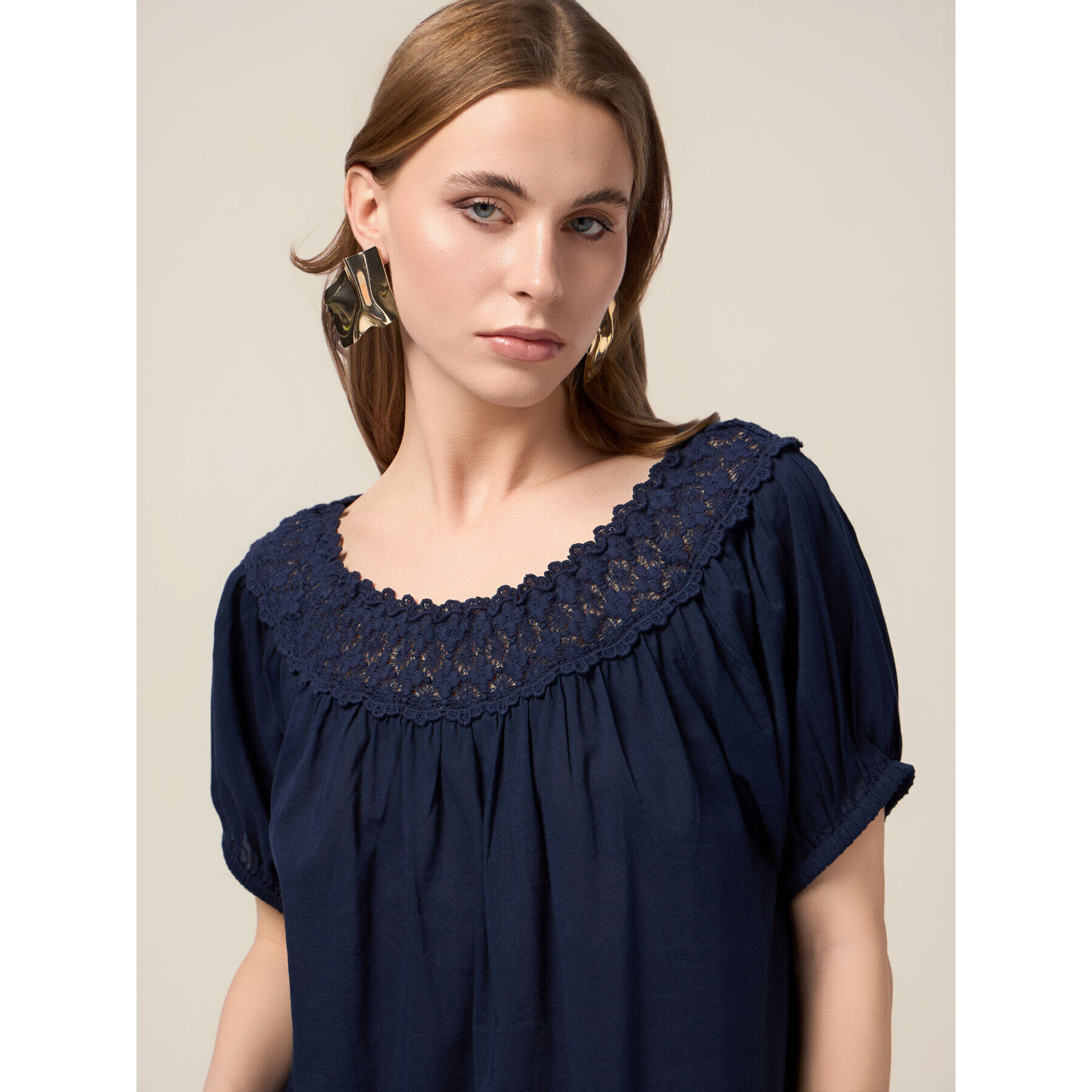 Oltre - Blusa in mussola con pizzo - Blu