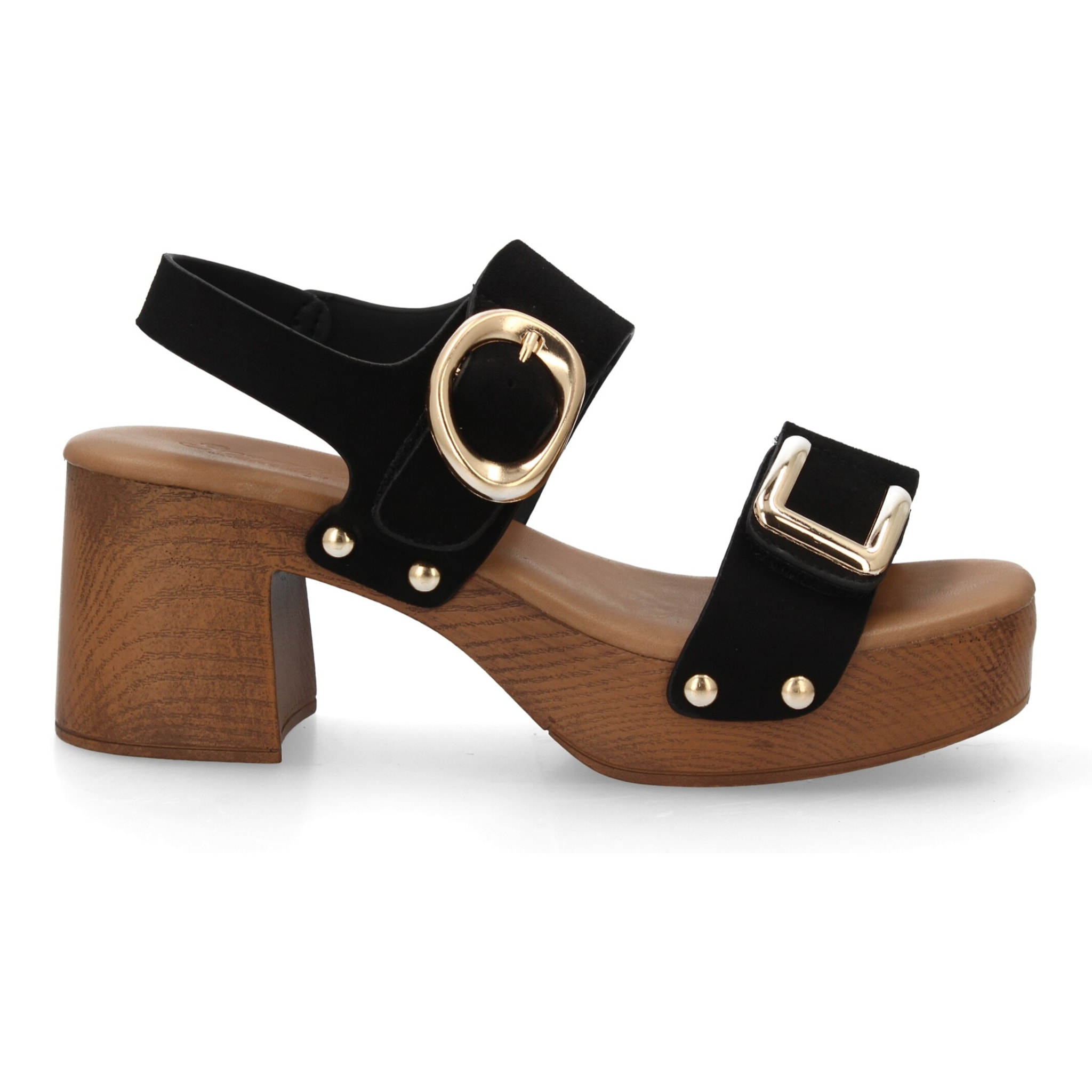 Sandalia plataforma hebillas mujer madera y tachuelas