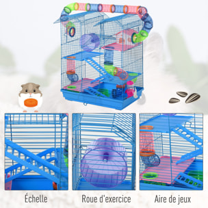 Cage pour Hamster Souris Petit Animaux Rongeur avec Tunnel Mangeoire Roue Jouet 47 x 30 x 59 cm cm Bleu