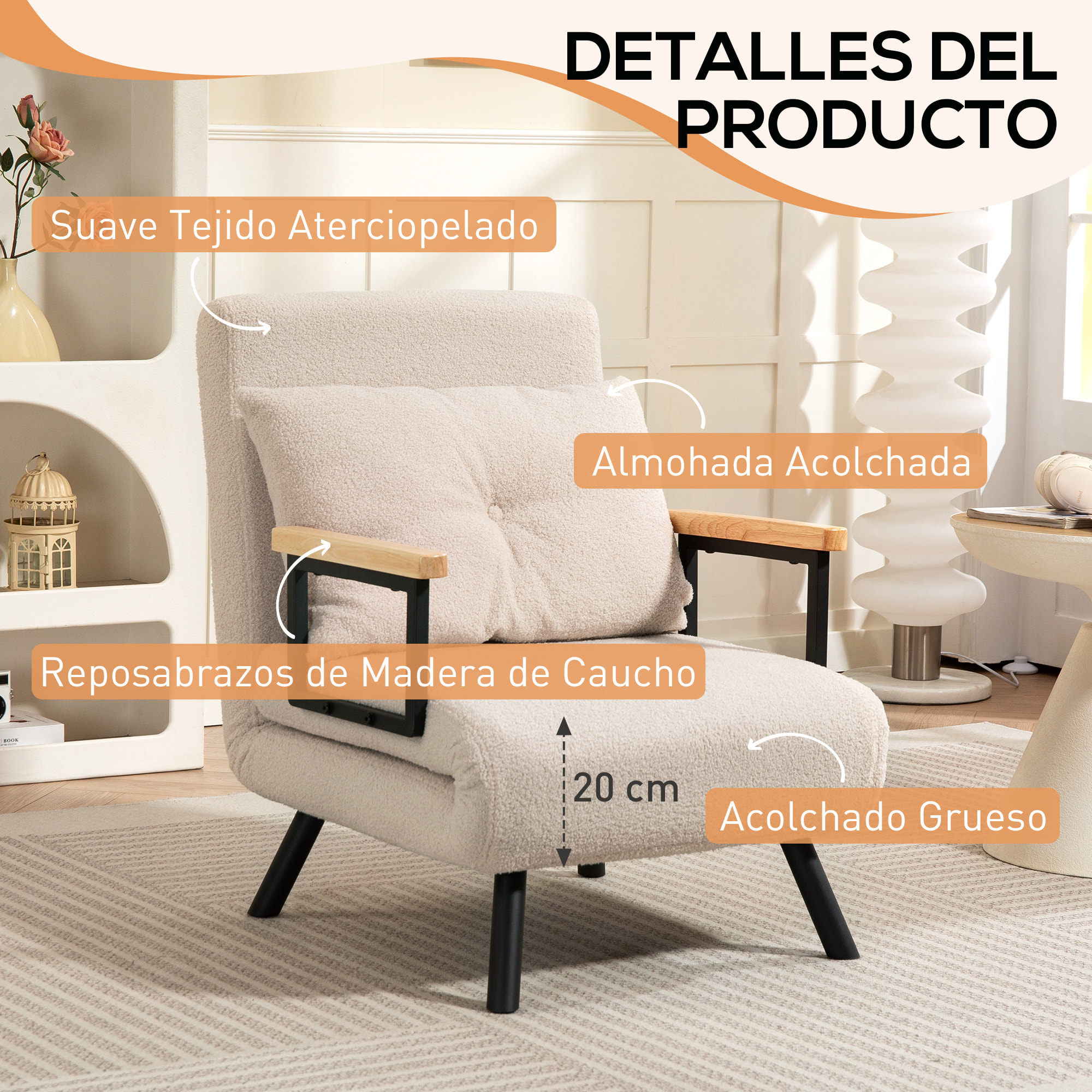 Sofá Cama de 1 Plaza Sofá Cama Plegable Tapizado en Borreguito con Respaldo Ajustable de 5 Niveles y Almohada Acolchada para Oficina Dormitorio Salón 63x73x81 cm Beige