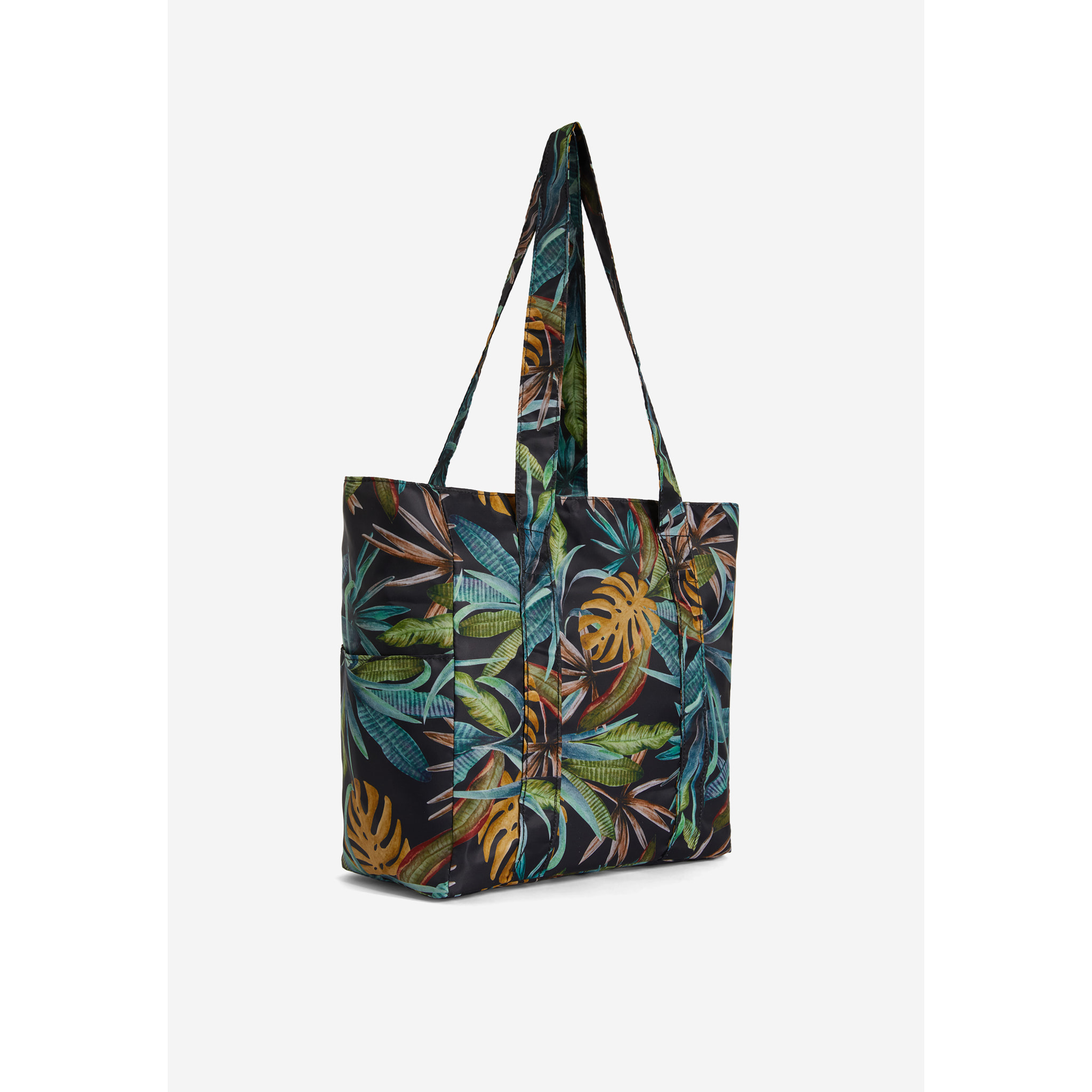 Borsa shopper stampa foliage tropical con tasche laterali