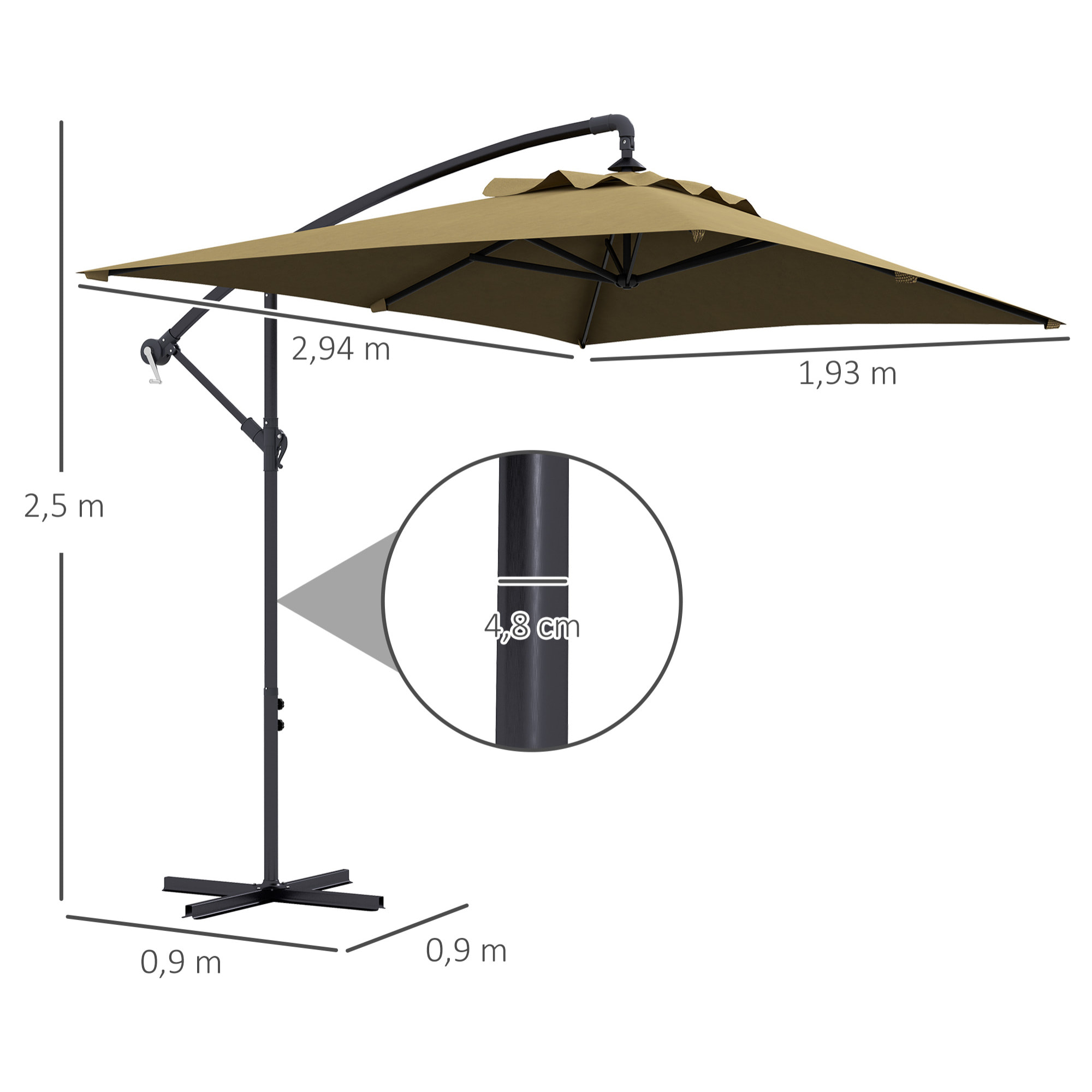 Parasol Excéntrico 294x193 cm Sombrilla de Jardín con Base Cruzada y Manivela Impermeable Protección UV Sombrilla para Terraza Patio Marrón