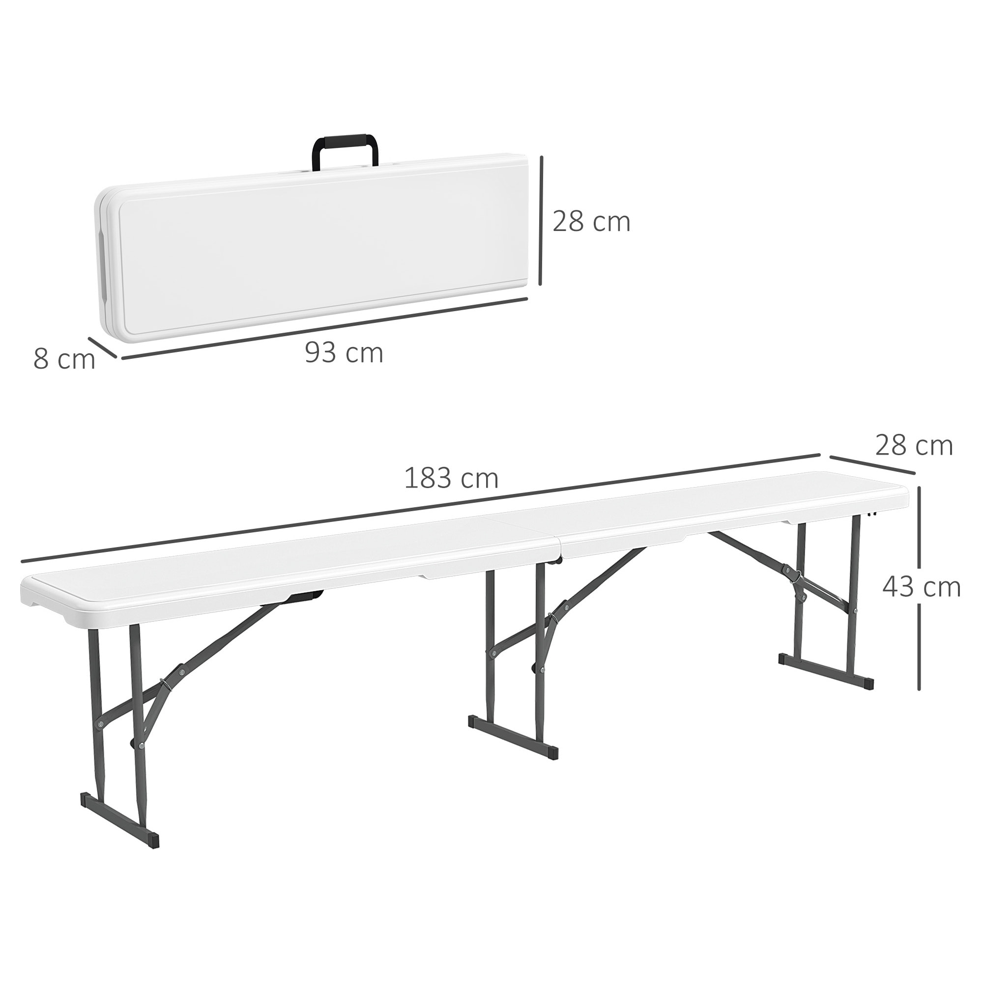 Banco de Jardín Plegable Banco Exterior de 3 Plazas con Marco de Acero Carga 360 kg para Patio Terraza Balcón Camping 183x28x43 cm Blanco