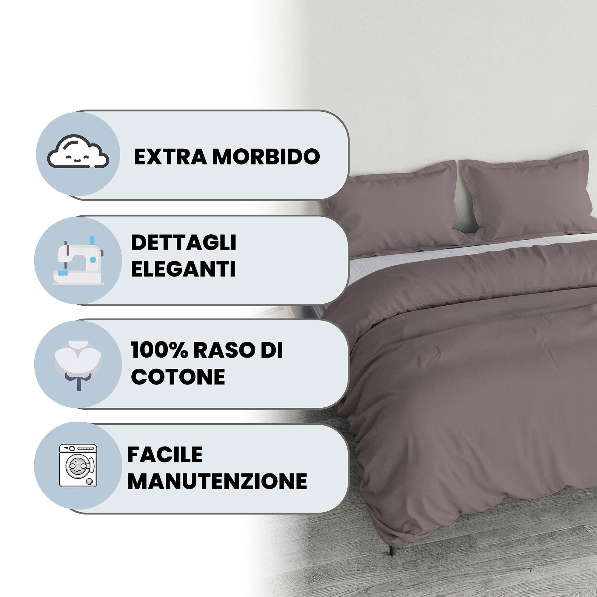PARURE COPRIPIUMINO RASO CLOE, 100% Raso di Cotone, Made in Italy - ROSA ANTICO