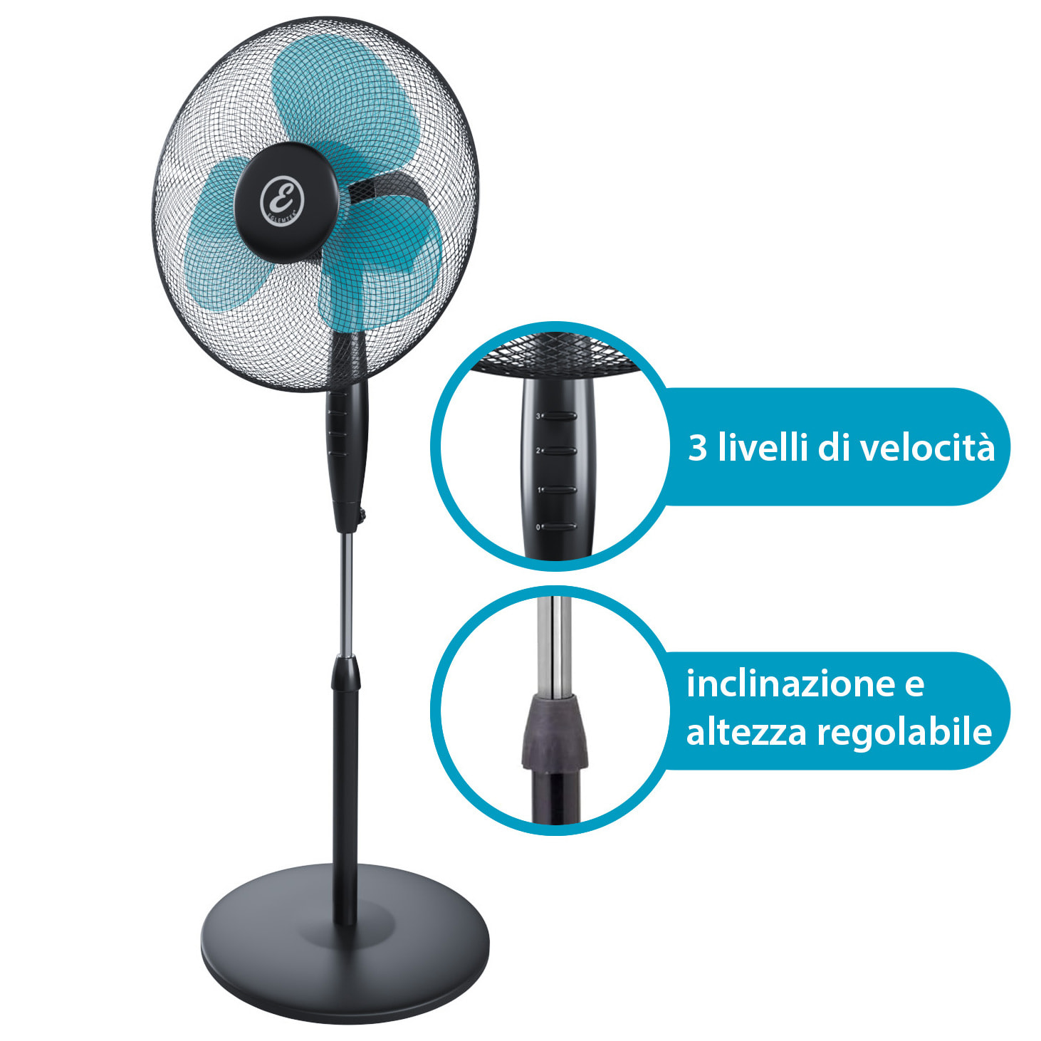 Ventilatore A Piantana Potente Da 50W Per Pavimento Pale Da 40 Cm Silenzioso 3 Velocità Oscillante Altezza e Inclinazione Regolabili Nero E Azzurro