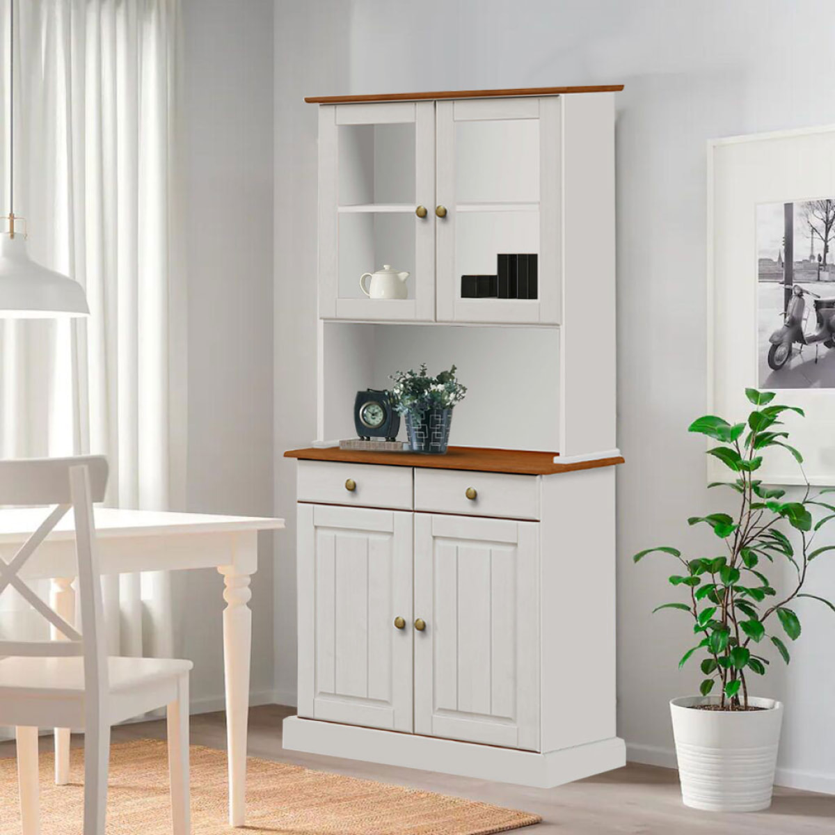 Credenza con vetrina 4 ante e 2 cassetti 88x197 cm in legno bianco/noce