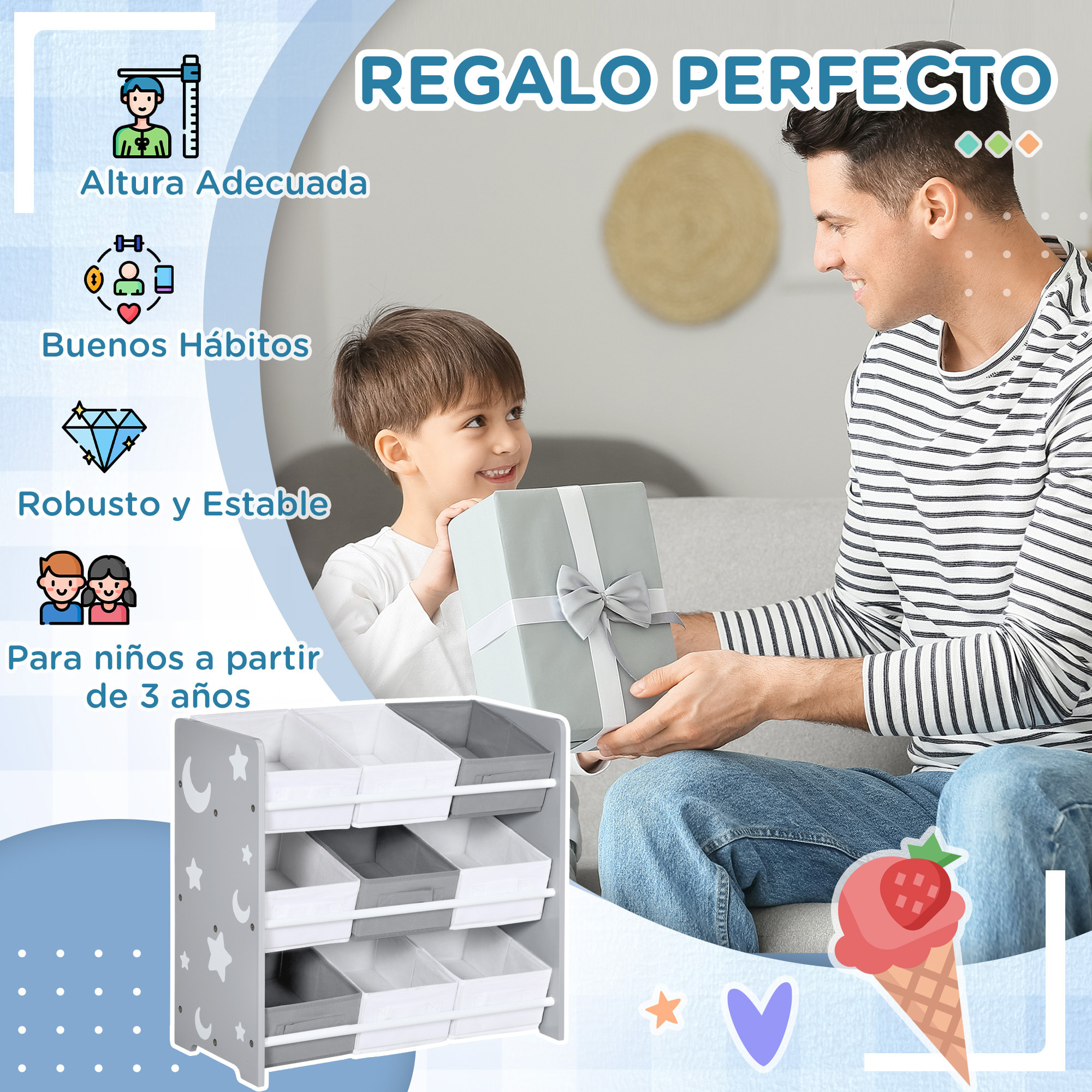 Estantería Infantil con 9 Cajas de Tela no Tejida Extraíbles Organizador de Juguetes para Dormitorio Guardería 63x30x60 cm Gris