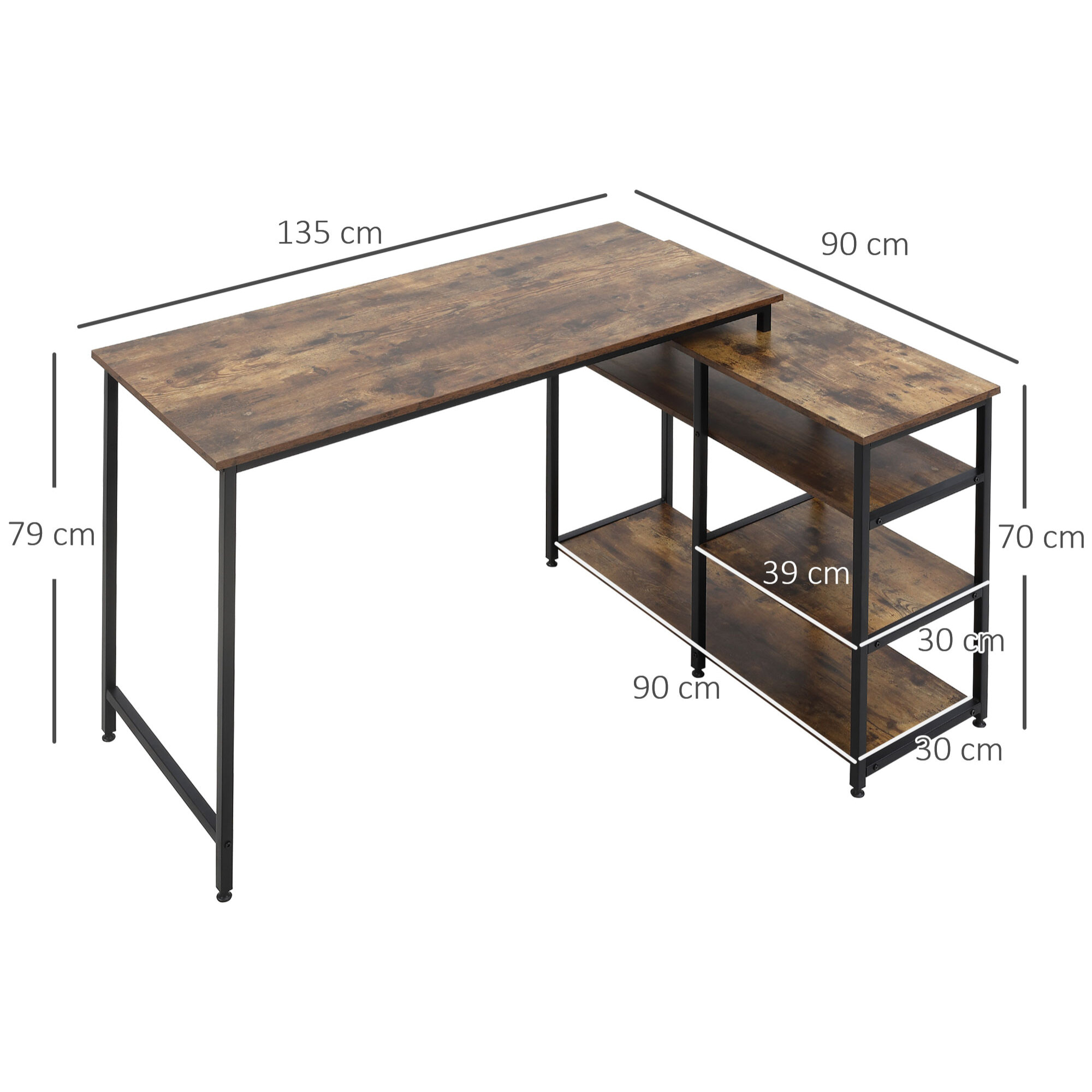 Bureau informatique design industriel bureau d'angle 3 étagères aspect vieux bois métal noir