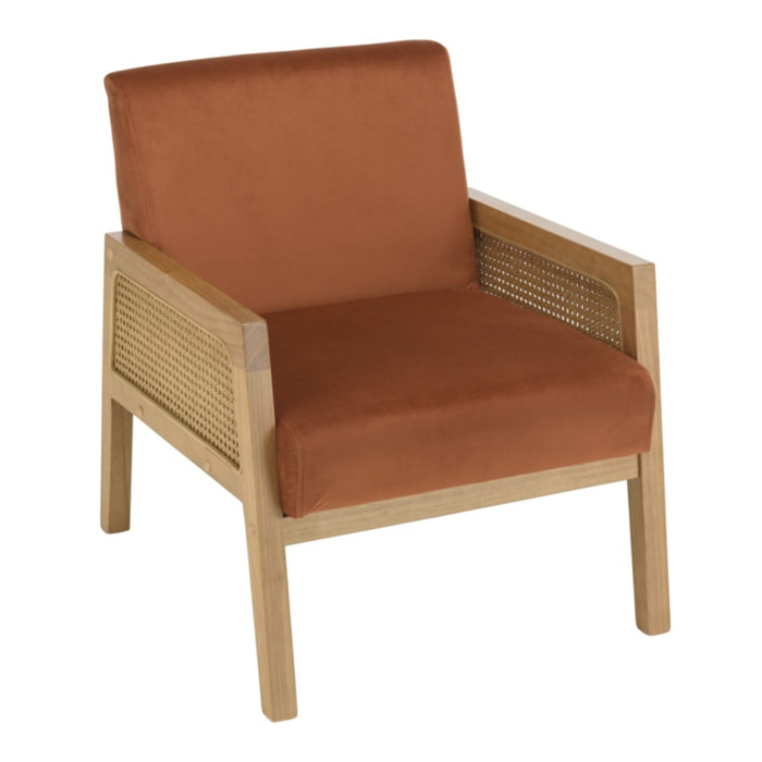 AGATHE - Fauteuil velours orange pieds bois et accoudoirs rotin