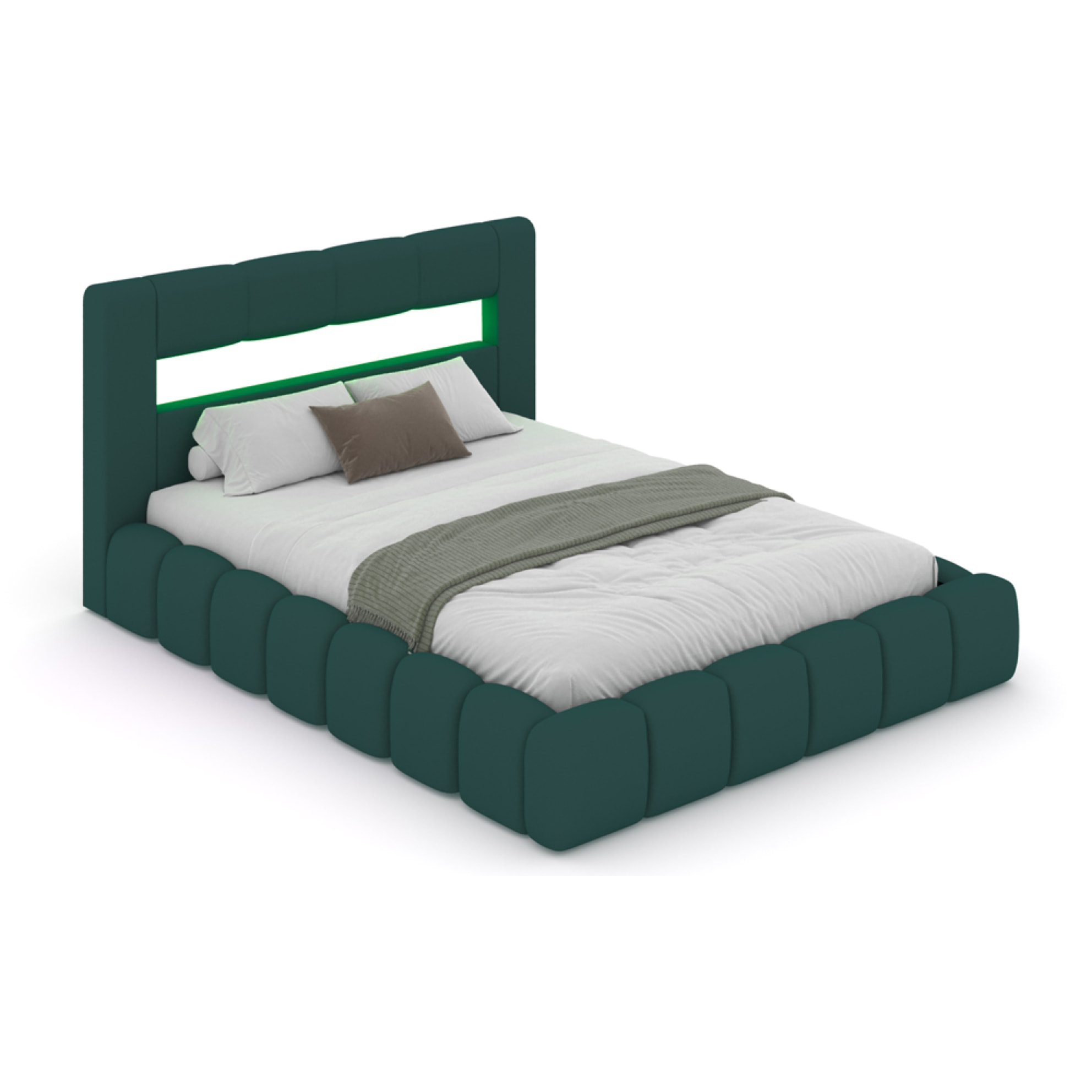 MAKILA Lit nuage coffre LED 160x200cm velours vert avec tête de lit et sommier