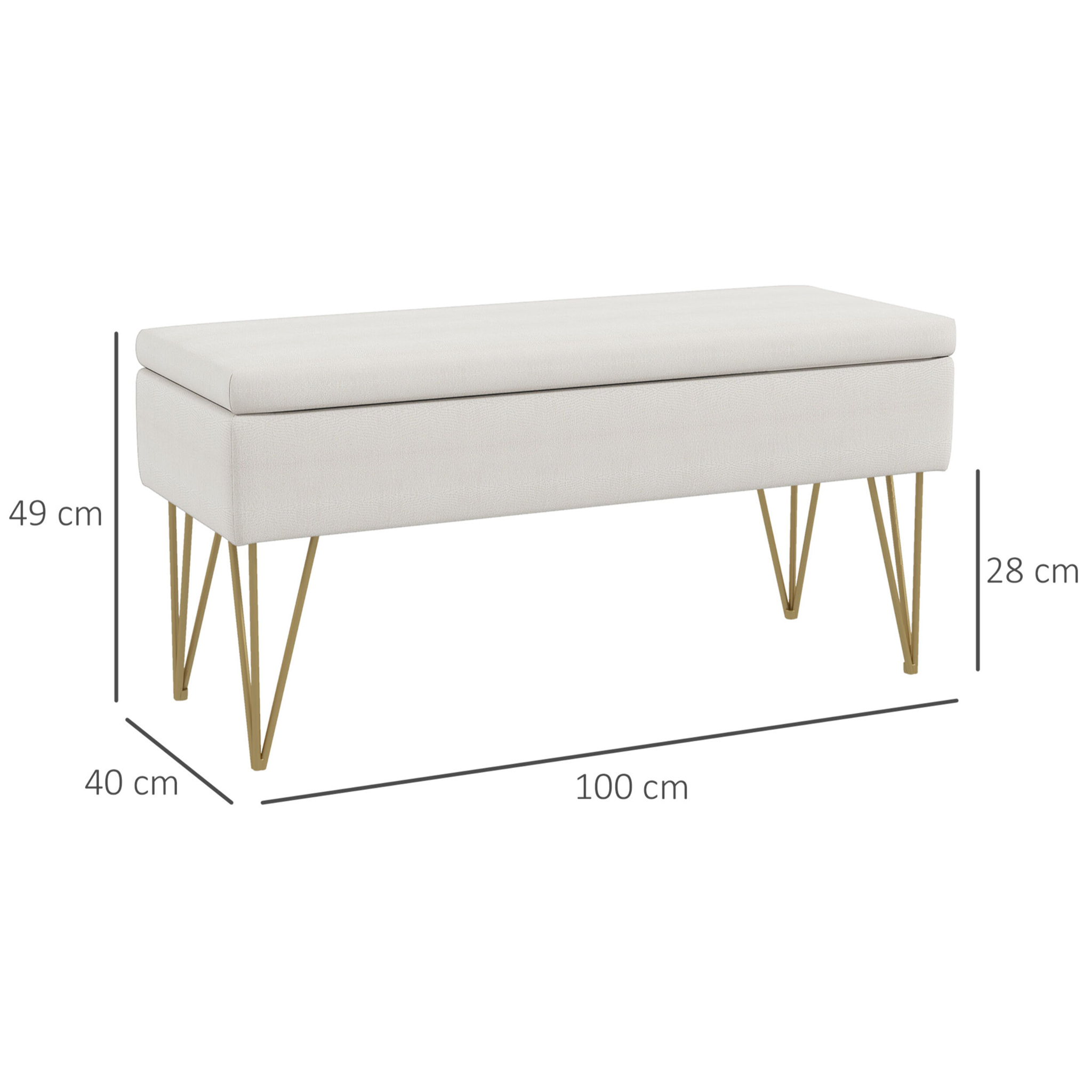 Banquette coffre de rangement 2 en 1 design art déco - piètement épingle acier doré tissu crème