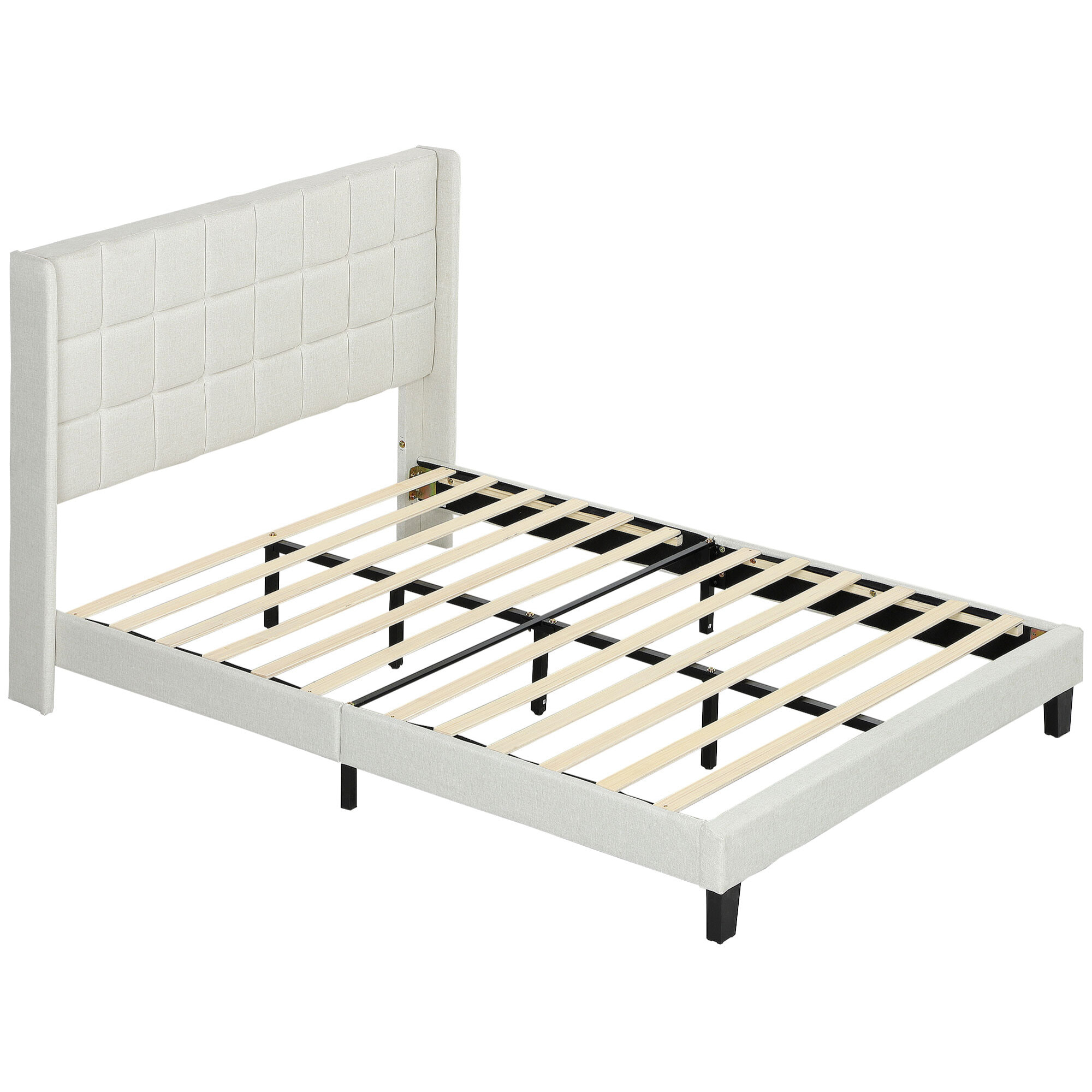 Cama 135x190 cm Estructura de Cama Somier con Cabecera Tapizada de Lino Sintético y Espacio de Almacenamiento Debajo de la Cama Carga 300 kg Beige