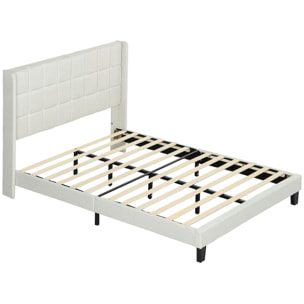 Cama 135x190 cm Estructura de Cama Somier con Cabecera Tapizada de Lino Sintético y Espacio de Almacenamiento Debajo de la Cama Carga 300 kg Beige