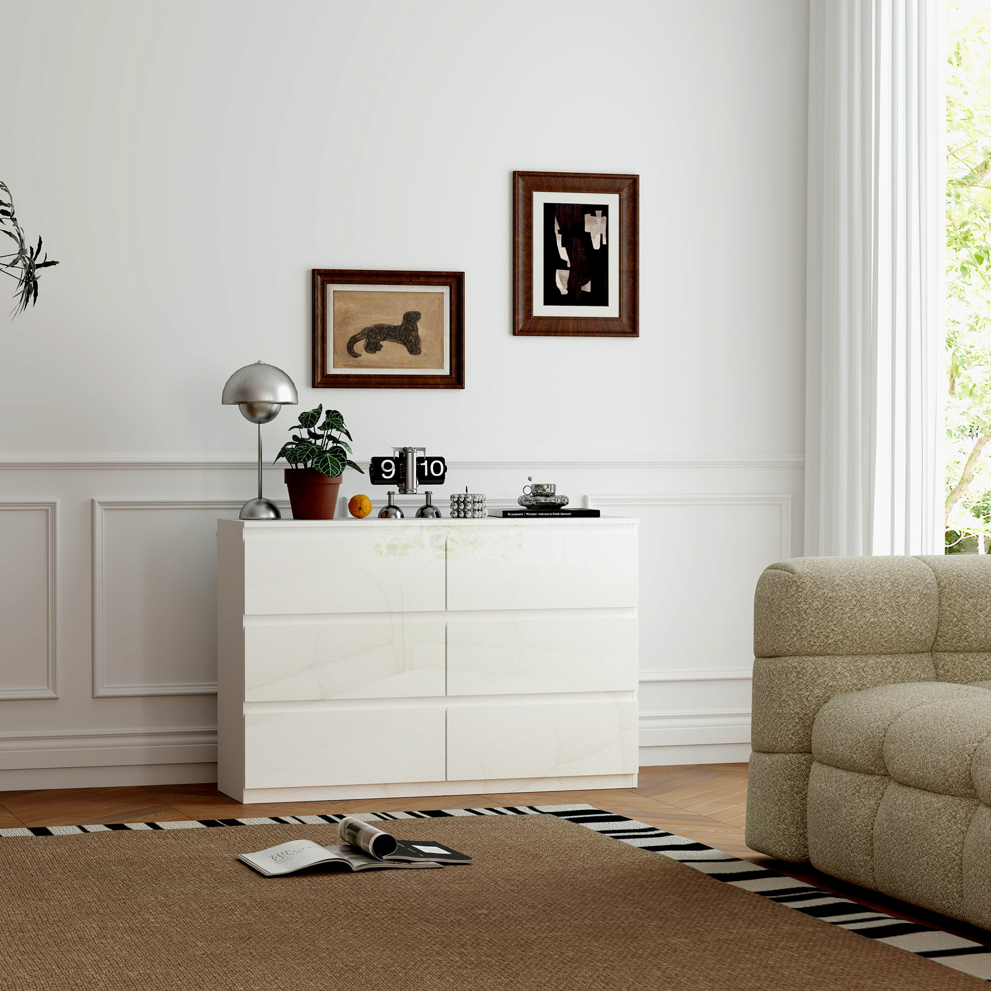 Cómoda 6 Cajones, Cómoda Dormitorio, Cajonera para Salón, Oficina, Pasillo, Estilo Moderno, Antivuelco, 112x34x75 cm, Blanco Brillo