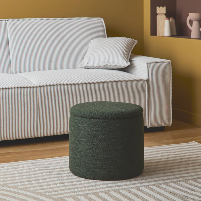 Pouf kaki foncé en tissu avec rangement pour coussins ou plaids