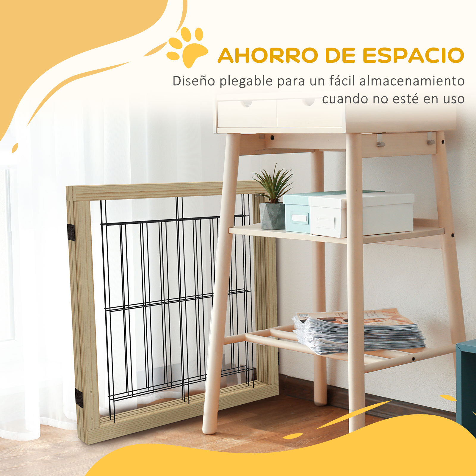 Barrera para Perros de Madera Valla para Mascotas Plegable de 3 Paneles con Plegado Bidireccional y Patas de Apoyo Triangulares para Puerta Pasillo Escalera 210x44x70 cm Madera Natural