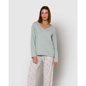 Pigiama lungo in cotone con scollo a v, azzurro