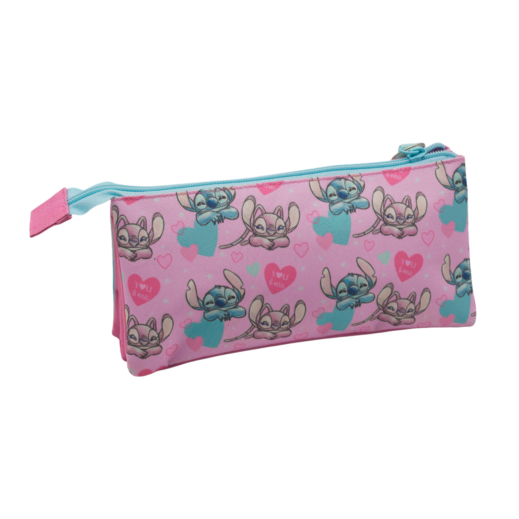 Estuche Triple Angel & Stitch. Interior totalmente forrado y personalizado. Con accesorio corazón.
