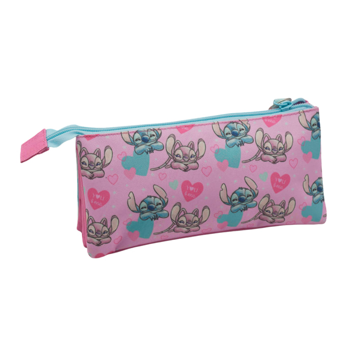 Estuche Triple Angel & Stitch. Interior totalmente forrado y personalizado. Con accesorio corazón.