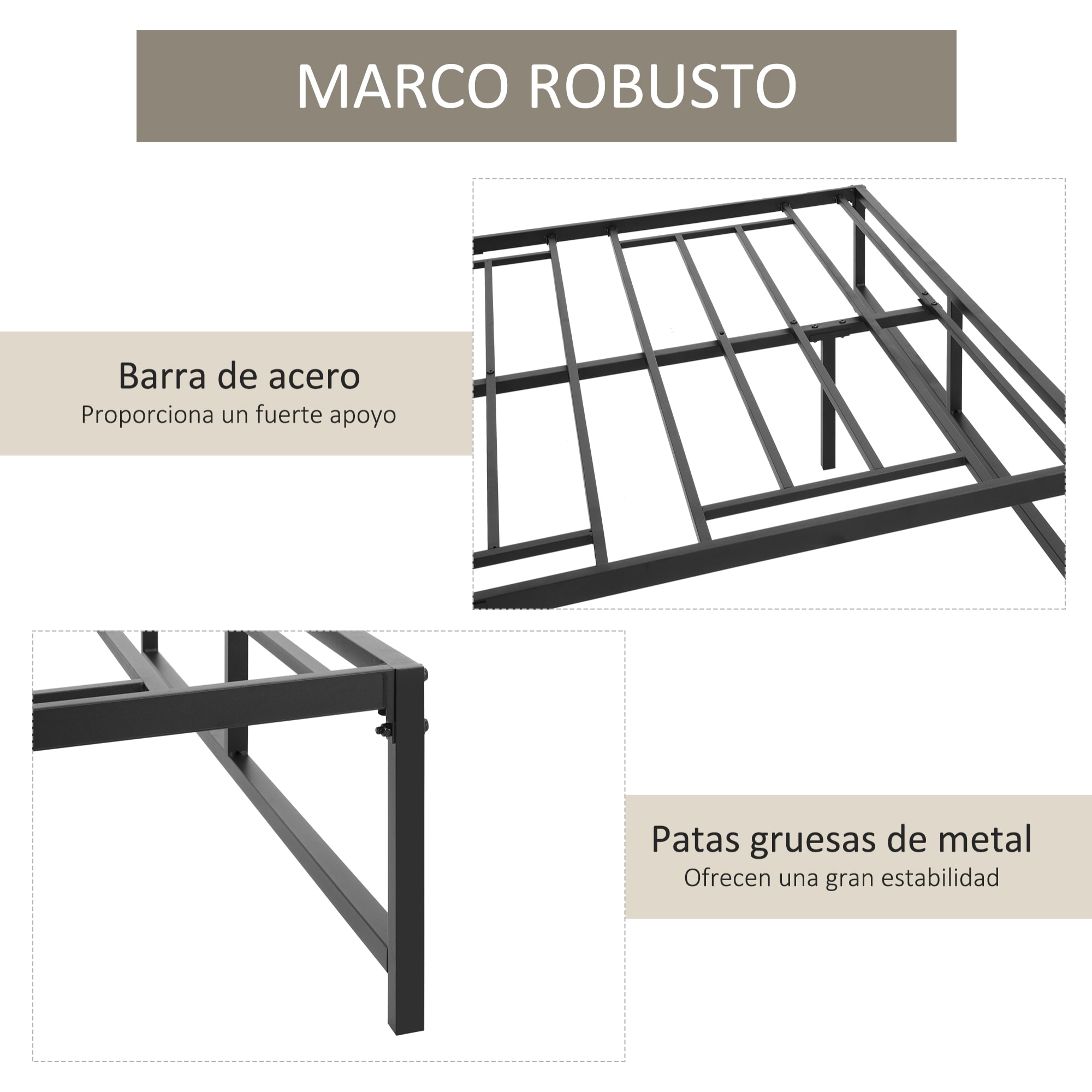 HOMCOM Marco de Cama Doble de Metal para Colchón 135x190 cm con Patas de 35 cm Estructura de Cama Matrimonio con Espacio Bajo de Almacenamiento 141,5x195x35 cm Negro