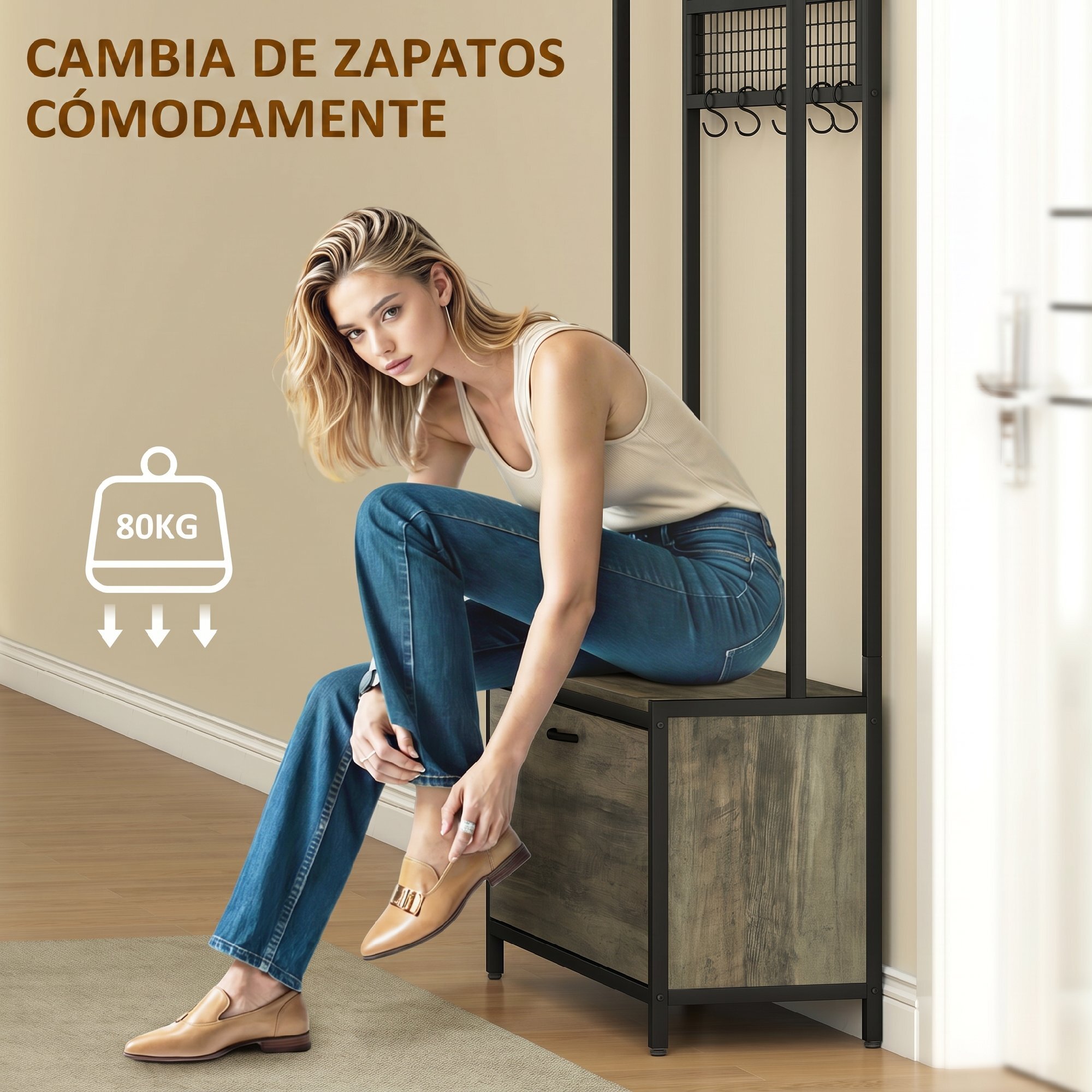 Perchero Zapatero 5 en 1, Perchero Recibidor con Banco Zapatero, Panel de Rejilla, Armario, 10 Ganchos, Estante Superior y Marco de Acero, Estilo Moderno, para Entrada, Pasillo, Gris