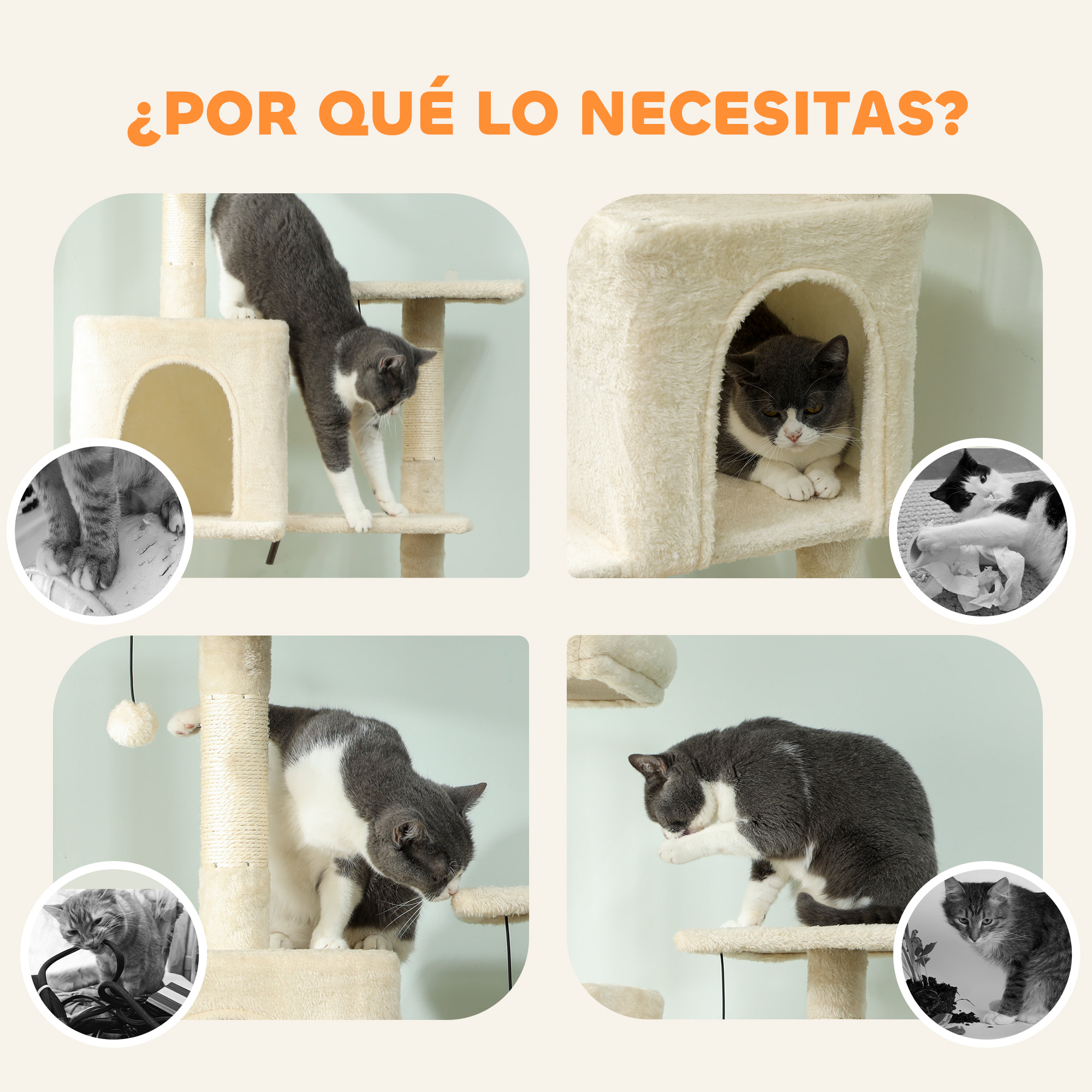 Árbol Rascador para Gatos, Árbol para Gatos 202 cm, Torre Escalador con Plataformas, Cama, Cuevas, Postes de Sisal, Bolas y Cuerda para Jugar, Beige