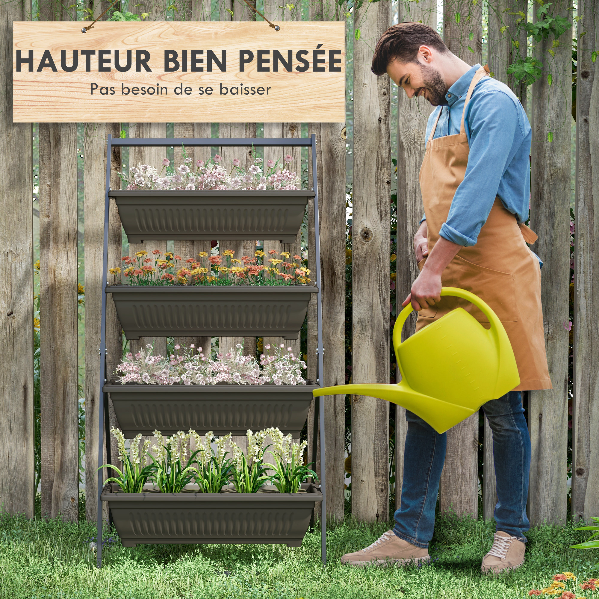 Jardinière sur pied 4 bacs amovibles inserts irrigation acier noir PP brun foncé