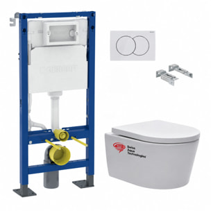 Pack WC suspendu complet Geberit Duofix, WC SAT Brevis sans bride, abattant SoftClose, plaque blanche