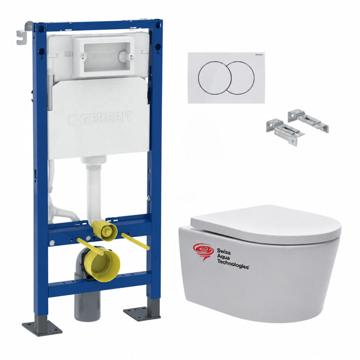 Pack WC suspendu complet Geberit Duofix, WC SAT Brevis sans bride, abattant SoftClose, plaque blanche