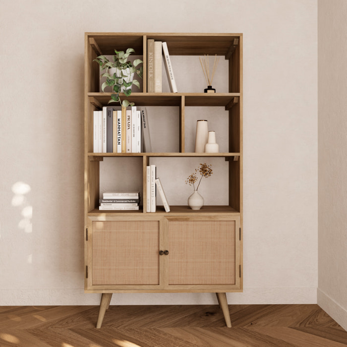 Etagère 6 niches 2 portes en cannage et bois de manguier - Cody