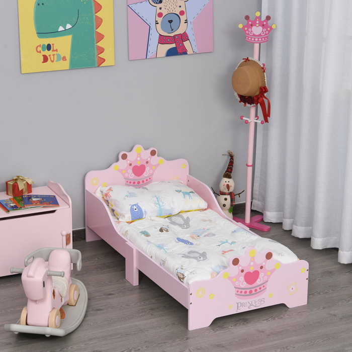 Cama para Niños de +3 Años 143x73x60 cm Cama Infantil de Madera con Estampado de Corona Carga 50 kg para Dormitorio Rosa